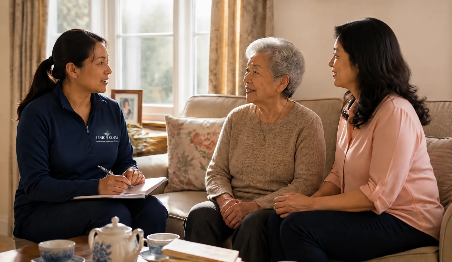 Link Rehab care professional speaking with an older adult and family member during a supportive home visit