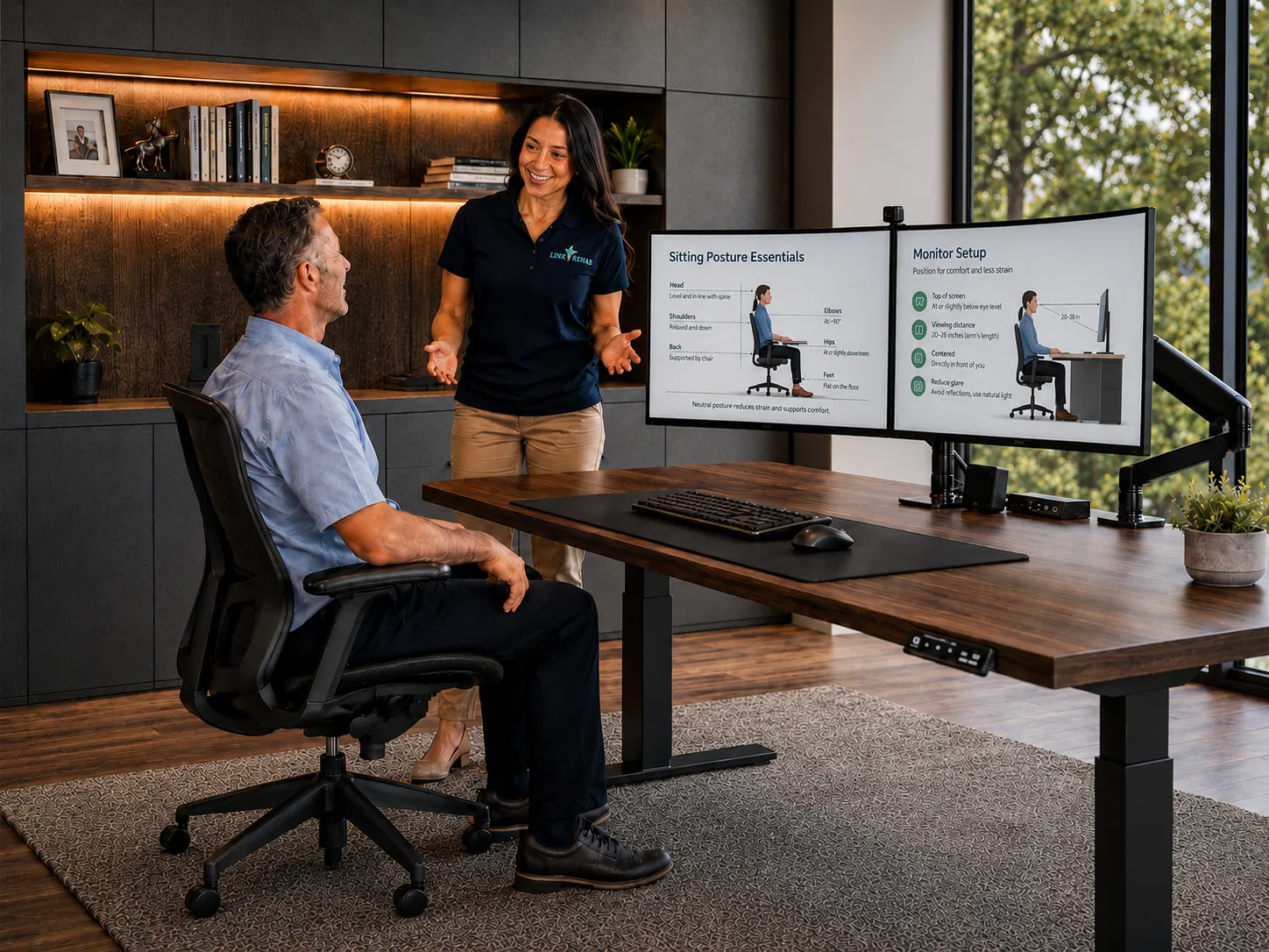 Occupational therapist reviewing monitor and desk positioning during a workplace ergonomic assessment.