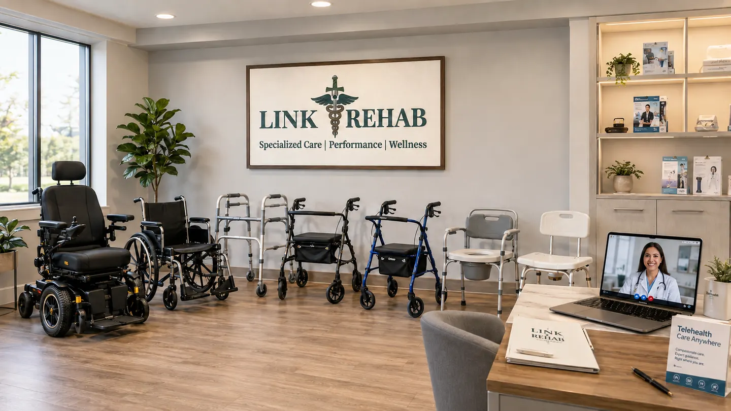 Wheelchairs, walkers, rollators and bathroom safety equipment supported through Link Rehab equipment coordination.