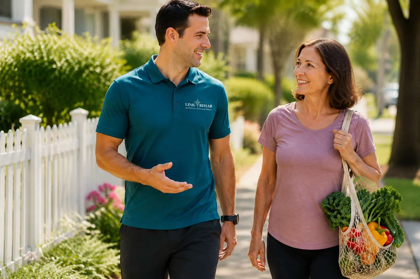 Link Rehab professional walking with a client while discussing healthy lifestyle and weight-management goals.