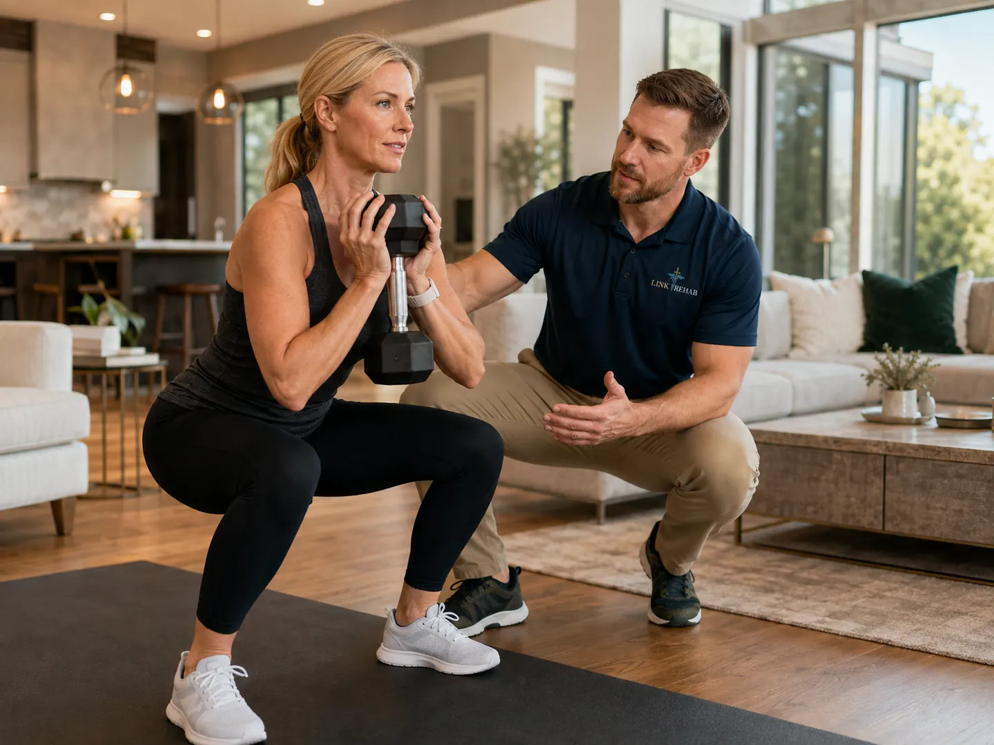 Link Rehab personal trainer coaching a client through a goblet squat with a dumbbell in her home.