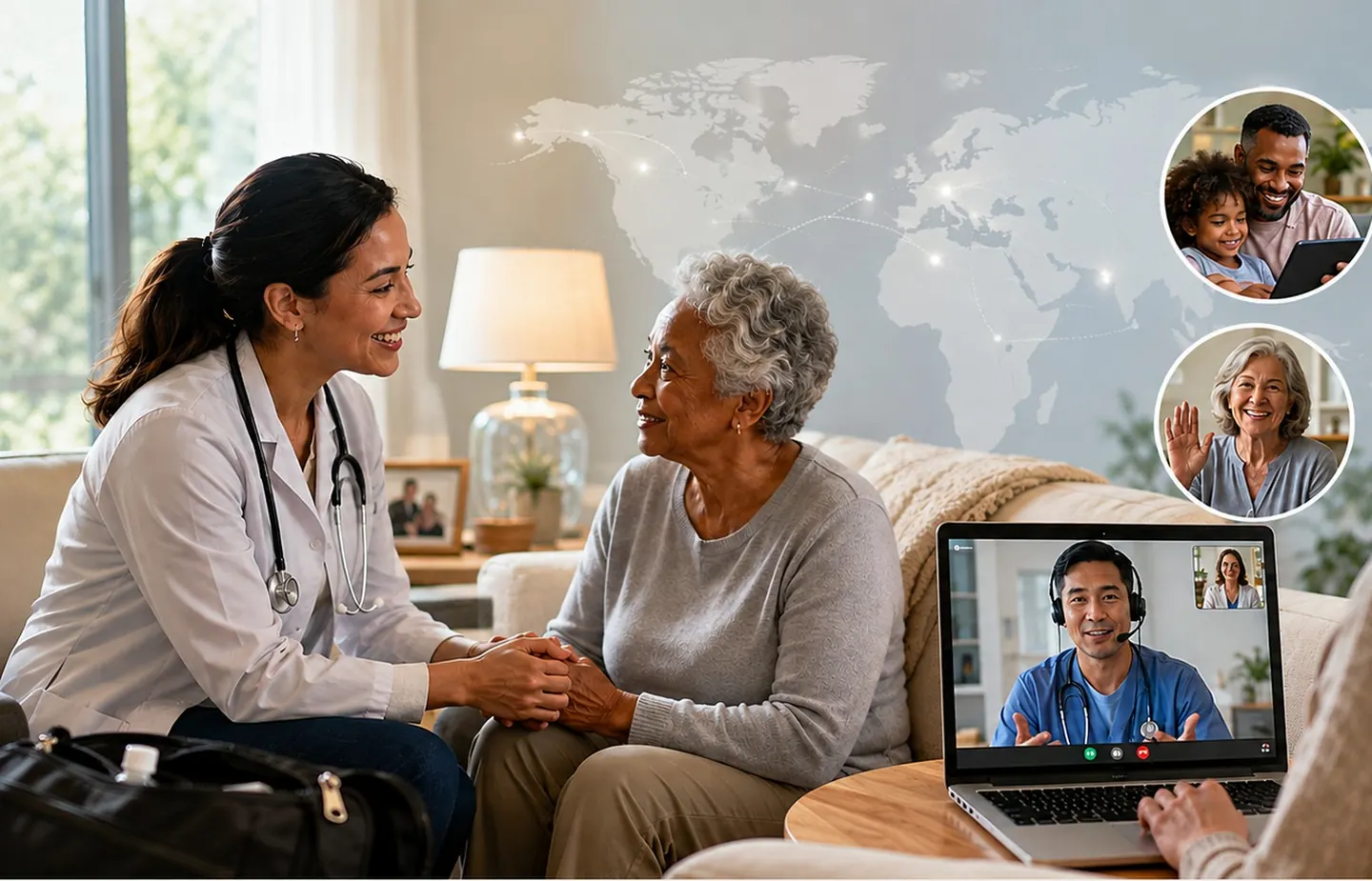 Older adult taking part in a virtual occupational therapy visit at home with a caregiver present.
