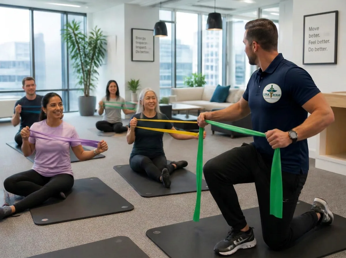 Employees taking part in a guided mobility session led by a Link trainer in a bright office space