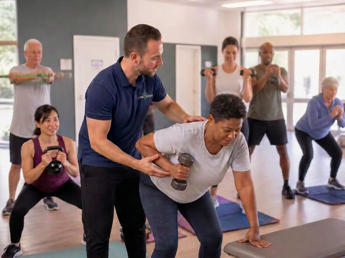 A Link trainer coaching a diverse small group of adults through a functional strength session