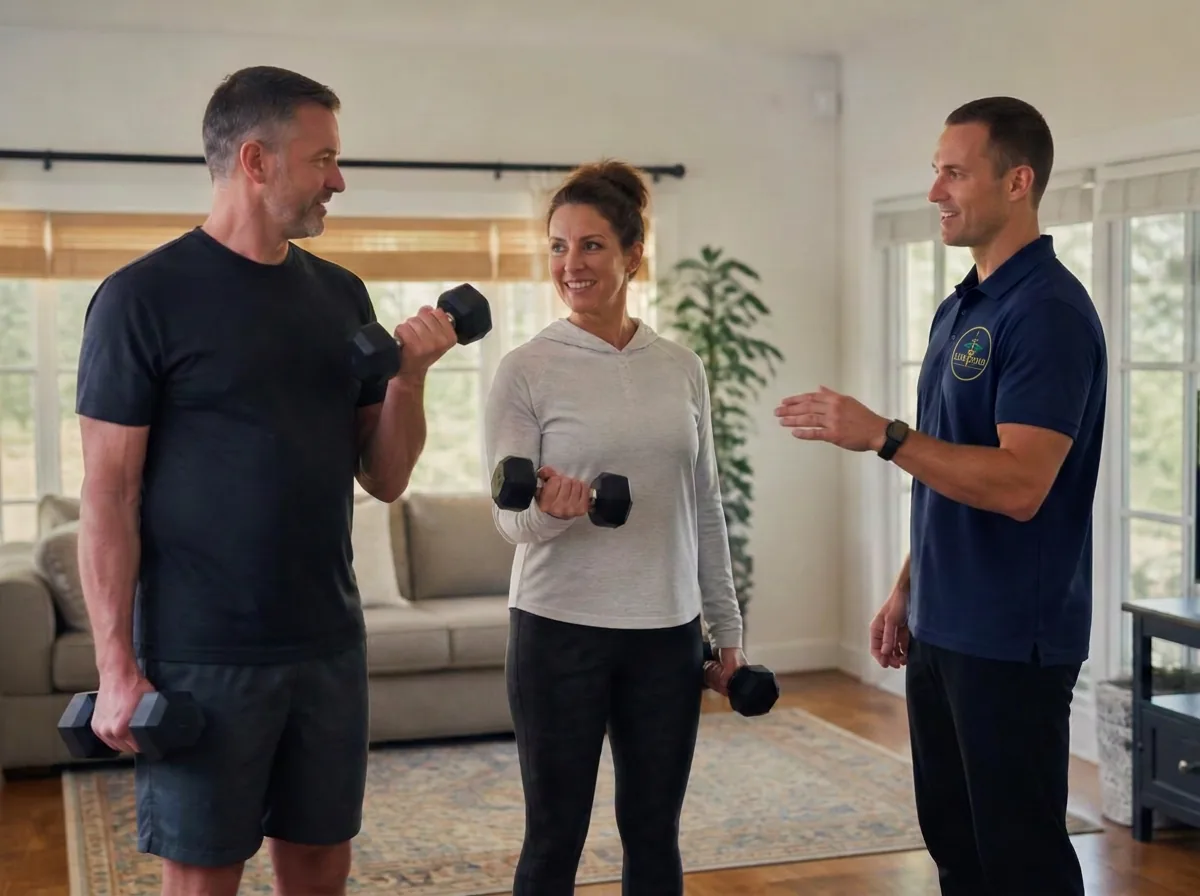A couple training together at home with a Link trainer coaching them through dumbbell work