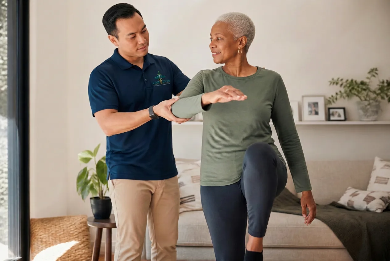 A physical therapist guiding an older adult through a balance exercise at home