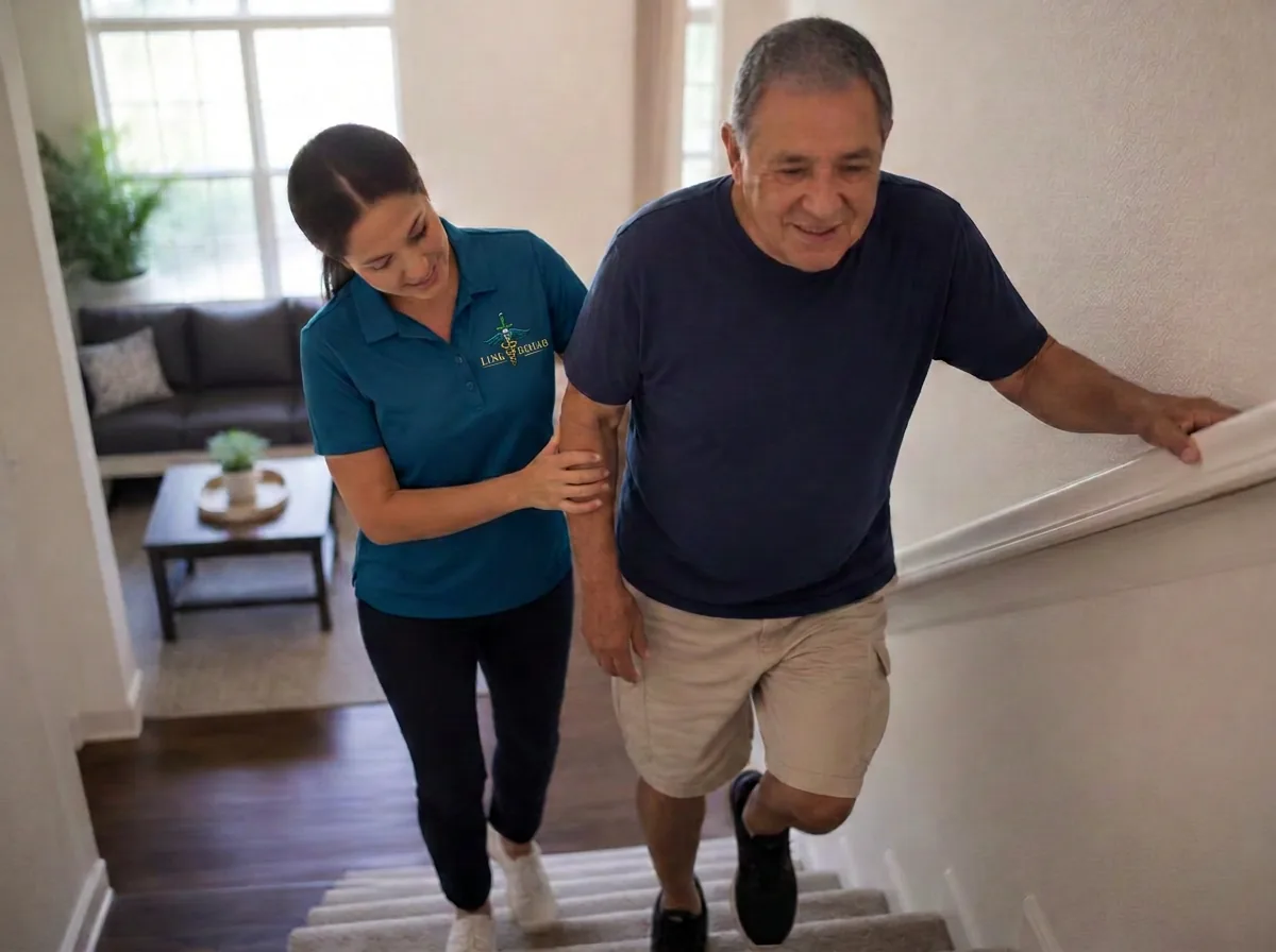 A therapist supporting a patient practicing stairs at home