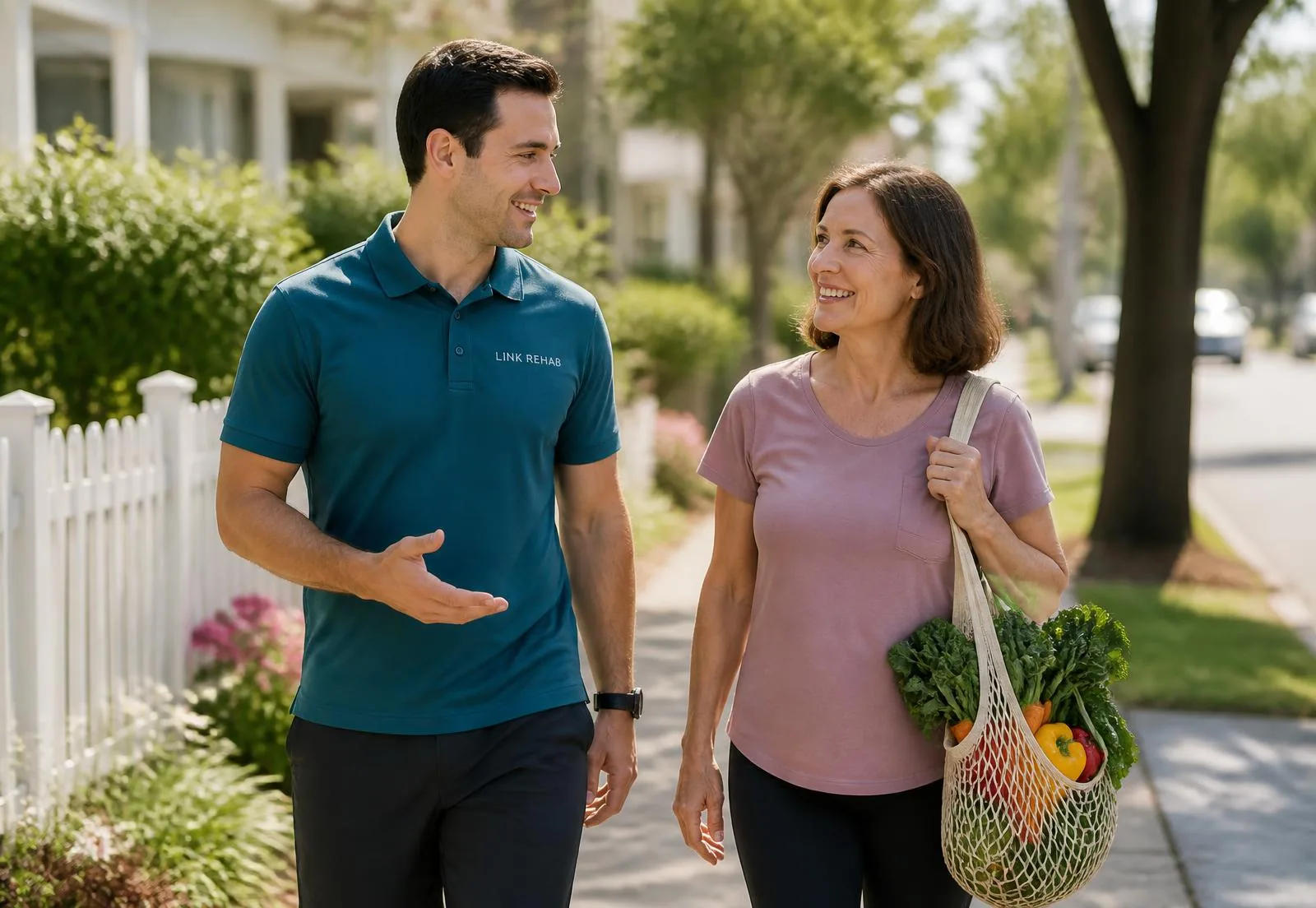 A coach & client walking outdoors together